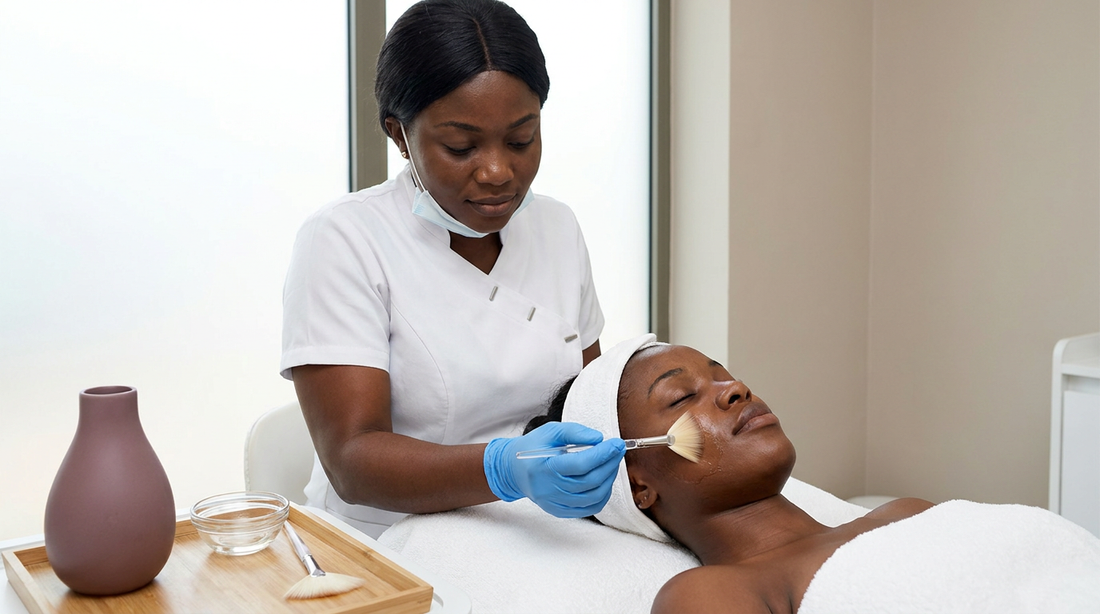 Black aesthetician applying a chemical peel with a fan brush to a client with melanin-rich skin at our Accra med spa (illustrative image)