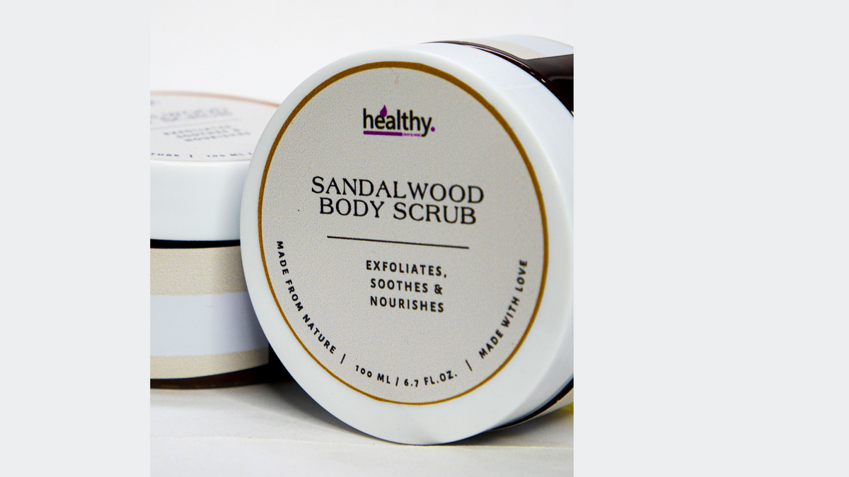 Sandalwood Face and Body Scrub, a gentle exfoliator for glowing skin