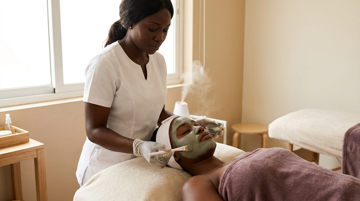 Black aesthetician applying a kaolin clay mask during a facial at our Accra med spa (illustrative image)