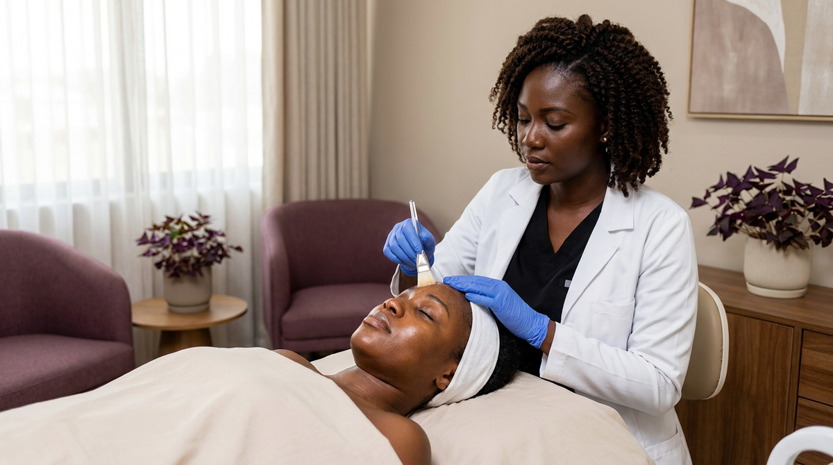 Black woman doctor applying a depigmenting peel at our Accra med spa (illustrative image)