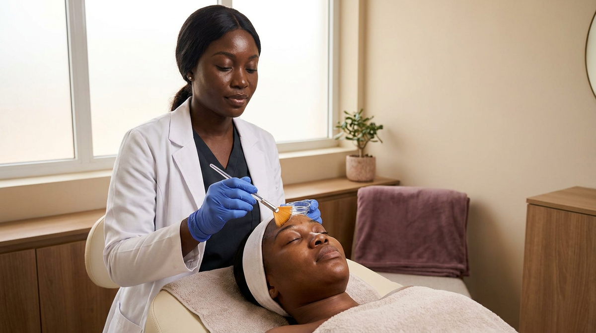 Black woman doctor applying a glycolic peel at our Accra med spa (illustrative image)