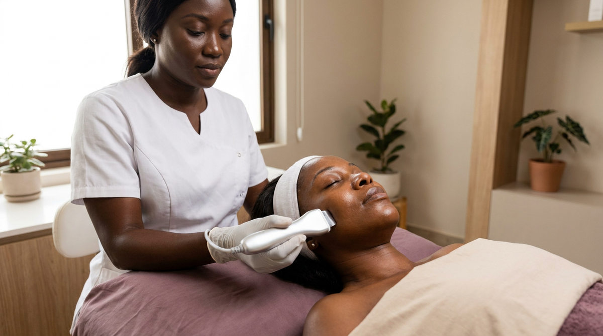 Black aesthetician using an ultrasound facial wand during a skin rejuvenation facial in Accra (illustrative image)