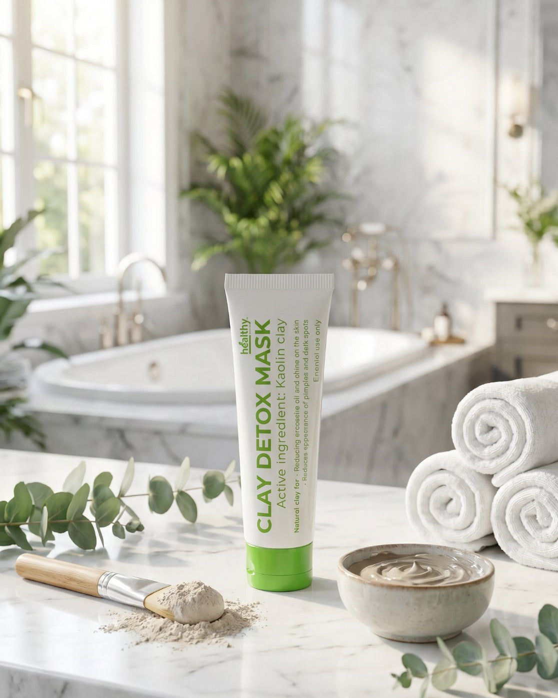 Healthy Detox Clay Mask with kaolin clay, brush and bowl on a marble counter (illustrative image)