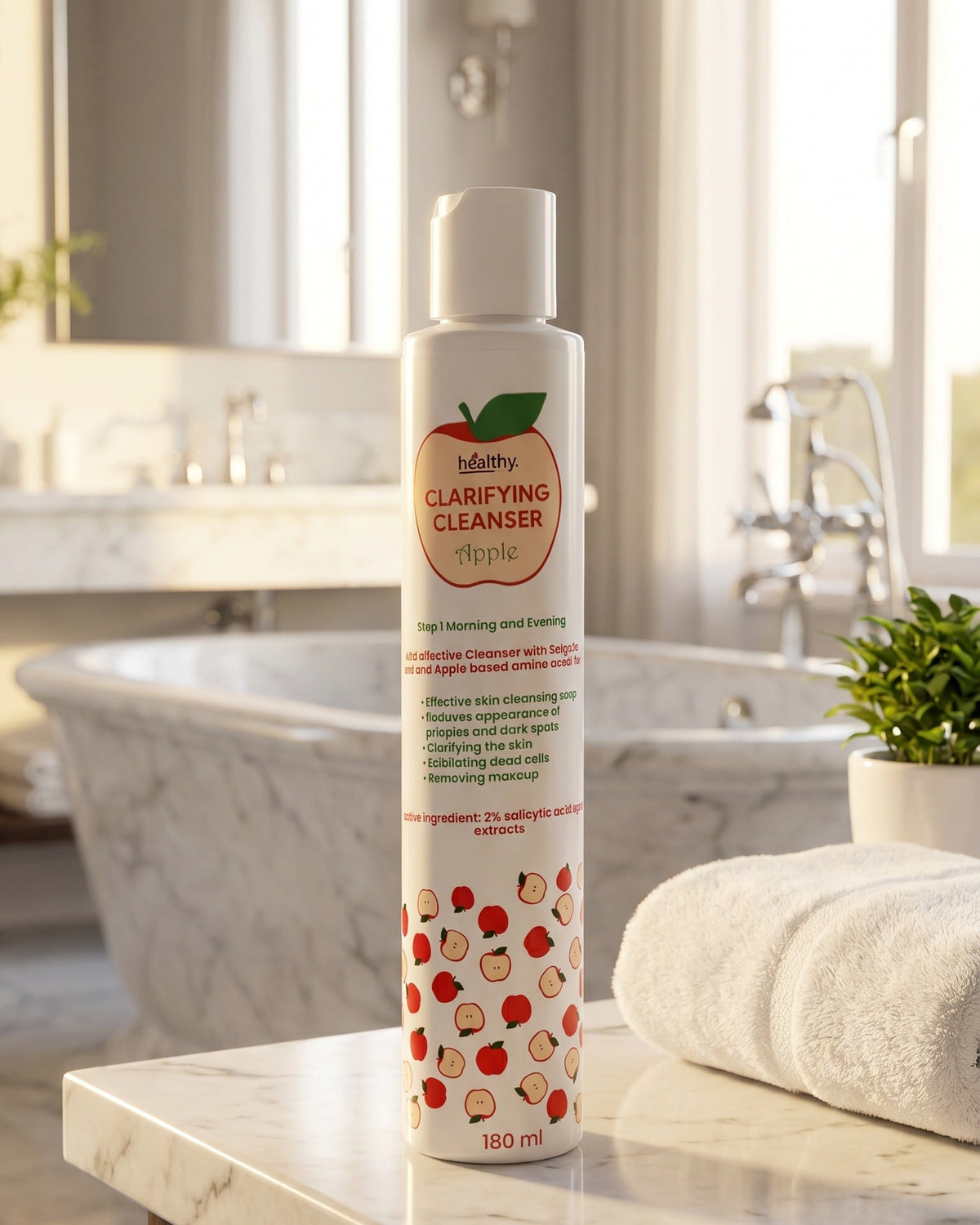 Healthy Clarifying Cleanser with 2% salicylic acid on a marble bathroom counter (illustrative image)