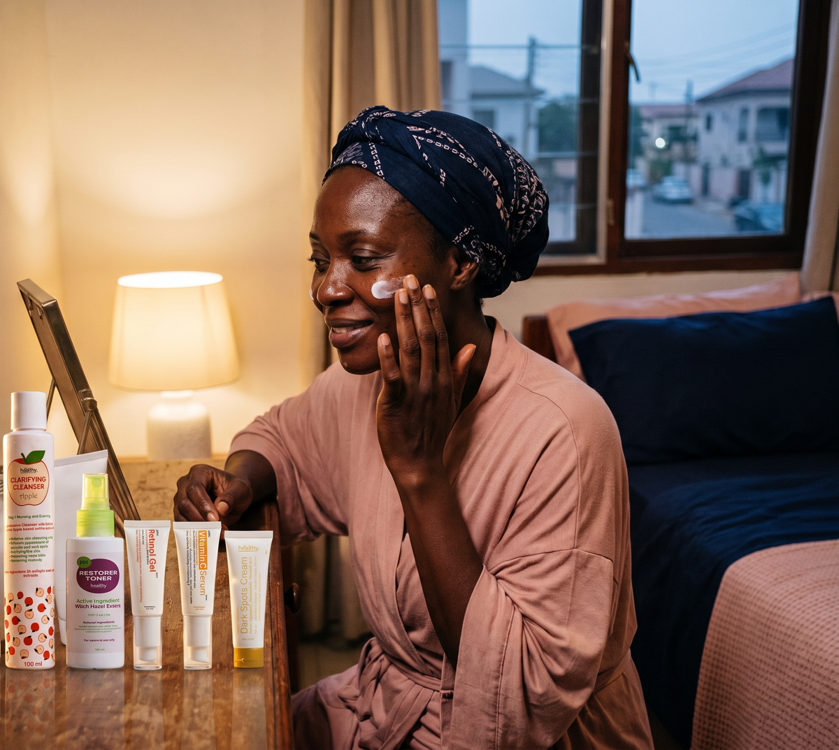 Woman using the Dark Spot Kit in her evening routine (illustrative image)
