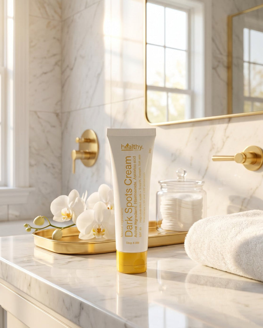 Healthy Dark Spots Cream with niacinamide and vitamin C on a marble vanity (illustrative image)