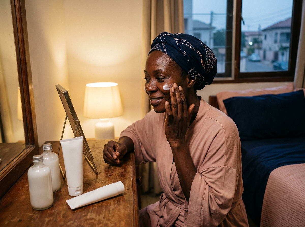 Black woman applying cream during a calm evening skincare routine (illustrative image)