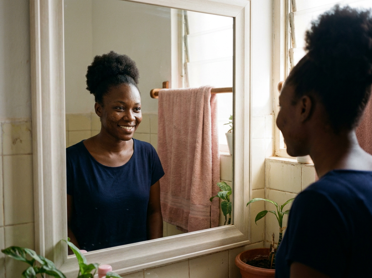 Black woman smiling at her reflection in a bathroom mirror with no makeup (illustrative image)