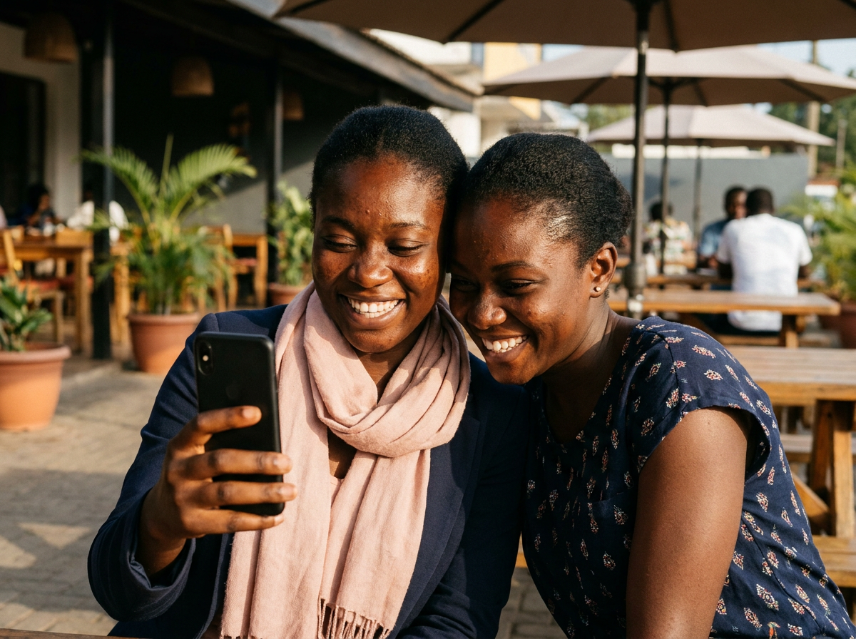 Two Black women friends taking a close-up selfie at a cafe in Accra (illustrative image)