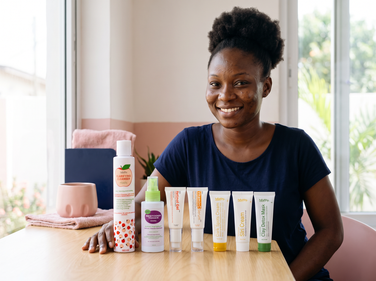 Black woman smiling beside the seven products of the Premium Acne and Dark Spot Kit (illustrative image)