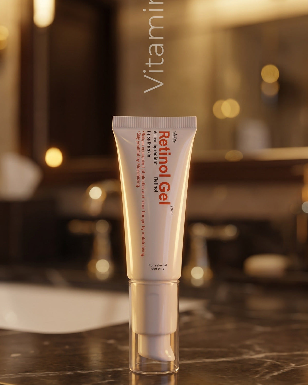 Healthy Retinol Gel (vitamin A) on a dark marble bathroom counter (illustrative image)