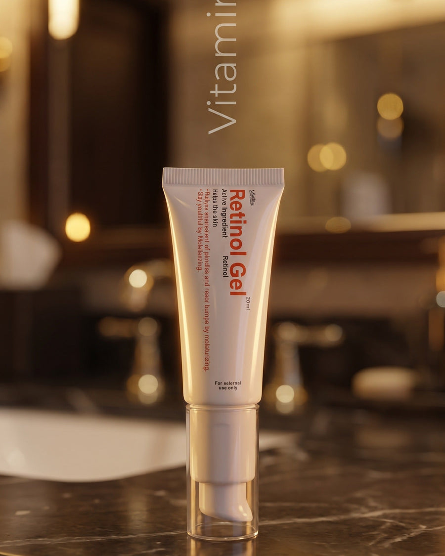 Healthy Retinol Gel (vitamin A) on a dark marble bathroom counter (illustrative image)