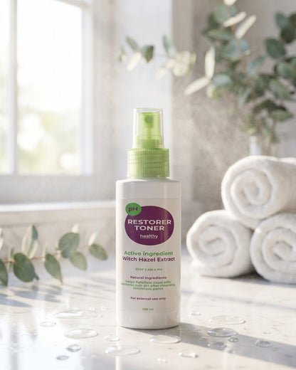 Healthy pH Restorer Toner with witch hazel on a marble counter (illustrative image)