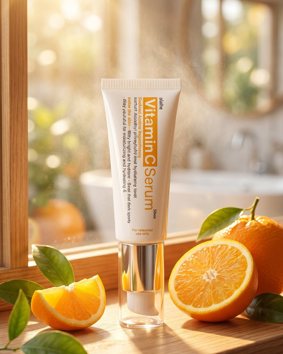 Healthy Vitamin C Serum on a sunny windowsill with oranges (illustrative image)